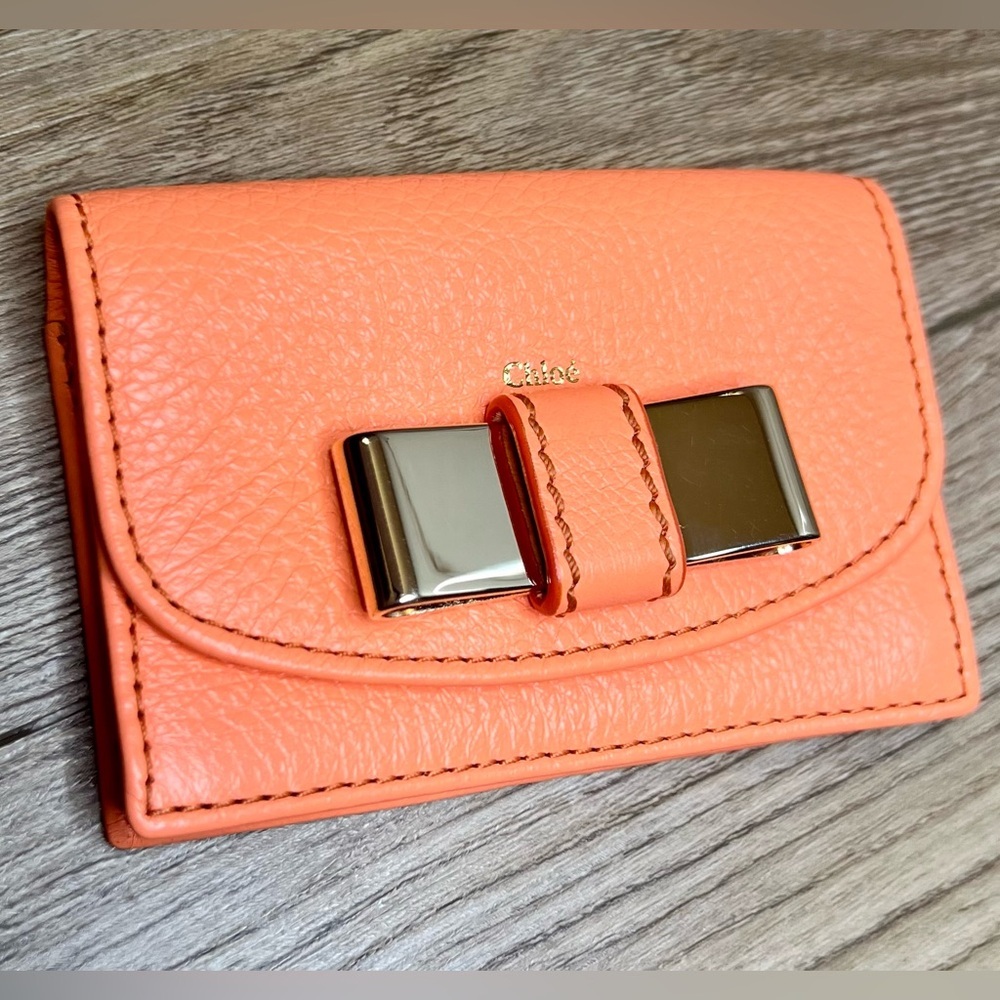 Chloe Leather Bow Card Holder Wallet in Salmon/Coral